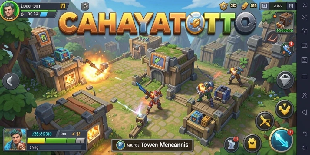 Screenshot gameplay CAHAYATOTO menampilkan pertahanan menara melawan gelombang musuh.