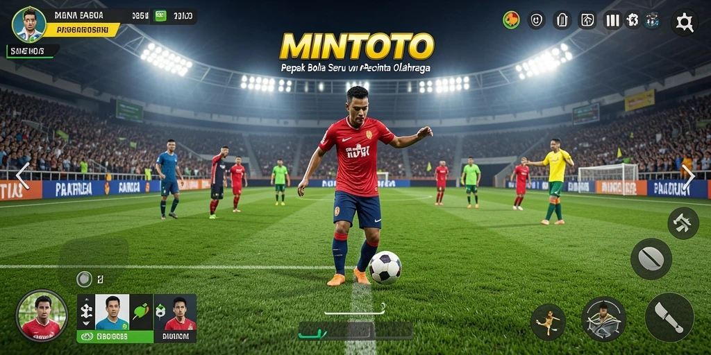 Screenshot gameplay MINTOTO menunjukkan aksi seru di lapangan sepak bola.