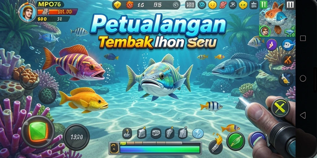 Screenshot gameplay MPO76 menampilkan aksi tembak ikan yang seru.