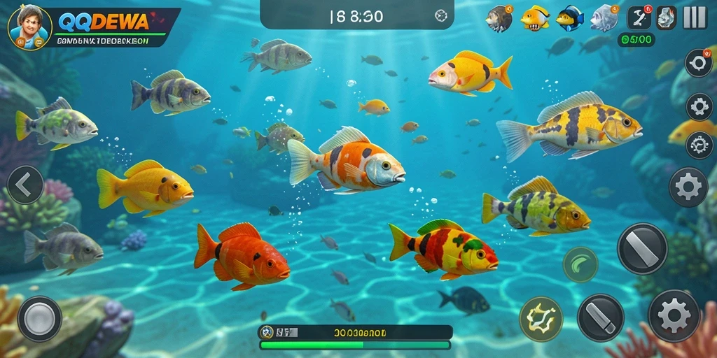 Screenshot gameplay QQDEWA dengan aksi menembak ikan yang mendebarkan.