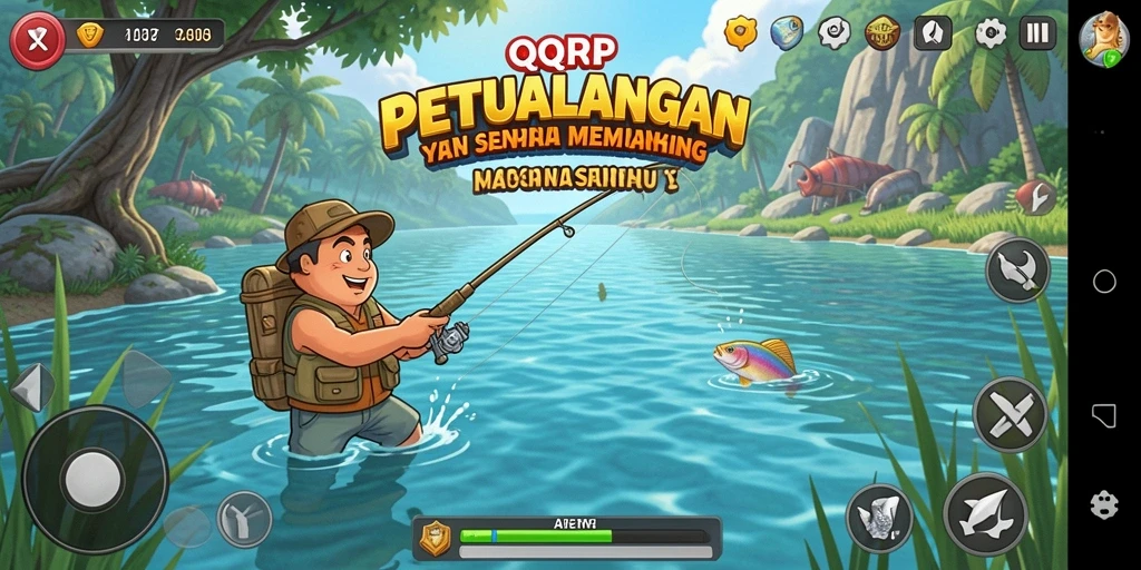 Screenshot gameplay QQRP yang menunjukkan aktivitas memancing yang seru.