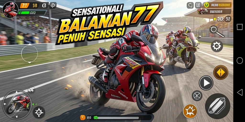 Screenshot utama menampilkan aksi balapan motor yang mendebarkan di SENSATIONAL77.