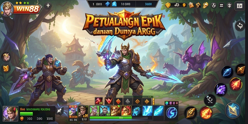 Screenshot gameplay WIN88 menampilkan aksi epik karakter di medan perang.